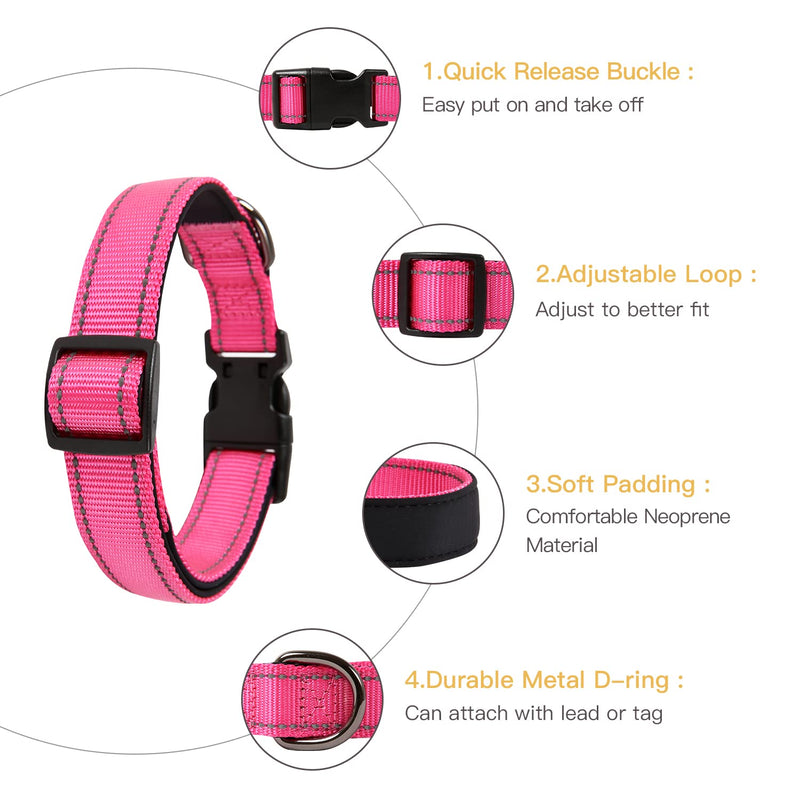 HEELE Dog Collar, Soft Padded Neoprene Nylon Dog Collar for Small Medium Large Dogs and Puppies, Adjustable and Reflective Collar Dog for Training, Pink, S: Length 26-38cm (Pack of 1) - BeesActive Australia