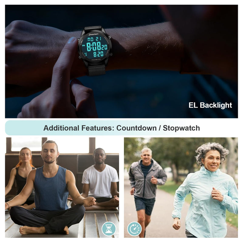 Hearkent Digital Talking Watch with Pedometer,Announces time/Date/Steps/Calories in English,Gift for Elderly,Blind&Visually impaired,5 Alarm Reminders+Hourly Chime,EL Backlight Matte silver expansion band
