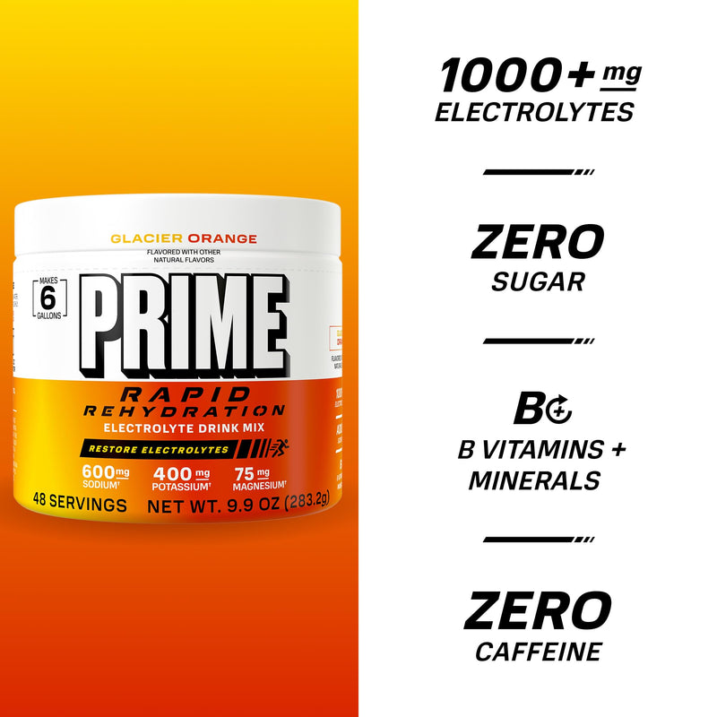 Prime Rapid Rehydration Electrolyte Powder, Glacier Orange, Sugar Free Hydration Drink Mix with Sodium, Potassium, Magnesium & B Vitamins to Replenish Fluids, Caffeine Free, 6 Gallon Tub, 48 SRV