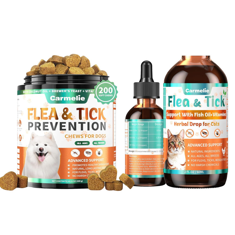 Flea and Tick Support Bundle for Dogs and Cats – Oral Flea Drops for Cats + Flea Chews for Dogs – Natural Flea Prevention for All Breeds & Ages – Duck & Chicken Flavor