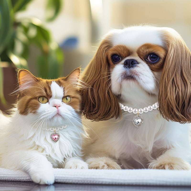 2 PCS Cat Dog Pearl Collar with Rhinestone Heart Pet Jewelry Small Heart Shape Rhinestone Pet Necklace, Adjustable Birthday Wedding Collar for Puppy Small Cats- White & Pink - BeesActive Australia