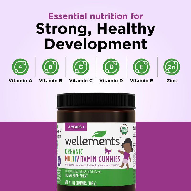 Wellements USDA Organic Kids Multivitamin Gummies 60Ct Vitamins A-Zinc 3Y+ | Essential Kids Vitamins A, B, C, D, E & Zinc | Supports Healthy Growth & Development* | Non-GMO & No Gluten