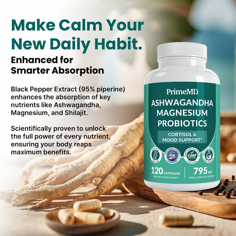 5-in-1 Cortisol Supplement for Women and Men with Ashwagandha for Calmness, Focus, and Adrenal Support Supplements with Shilajit Extract, Magnesium Glycinate, Probiotics (120 ct) (Pack of 2) | Calmness, Focus and Stress Support, Ashwagandha with Shilaj...