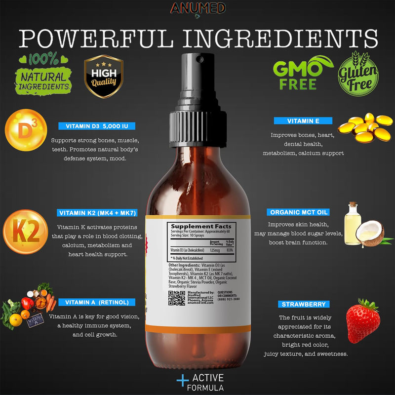 Vitamin D3 K2 5,000 IU Liquid Spray with Organic MCT Oil, Vitamin A (Retinol) 1250mcg, K2 (MK4, MK7) Promotes Heart, Bones, Immune System. 100% Vegan, Non-GMO, No Sugar Added (2oz) (Strawberry) Strawberry