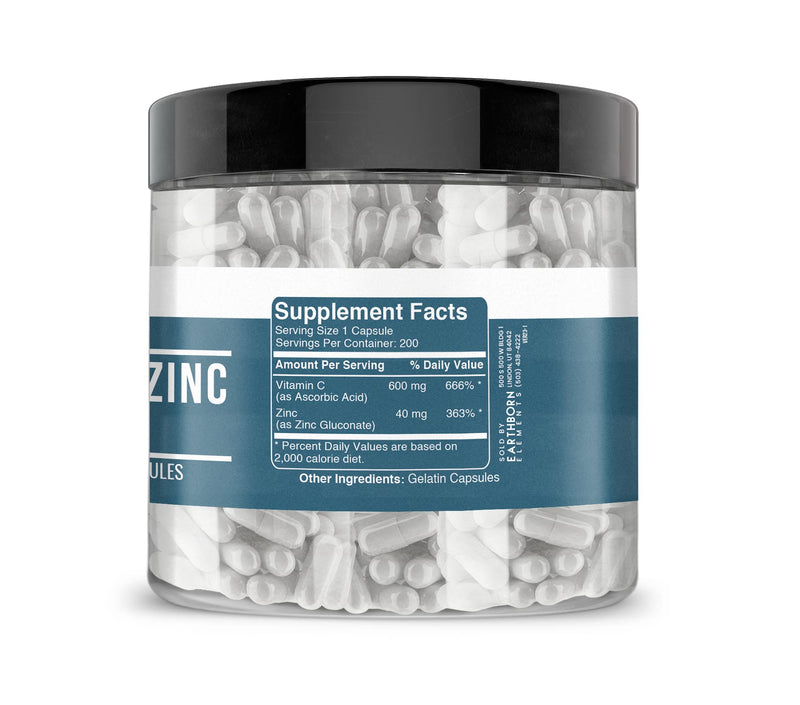 Vitamin C Plus Zinc Gluconate Supplement, (200 Capsules) Blended, Non-GMO, Gluten Free, 1 Count (Pack of 200)