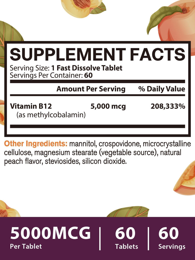 Vitamin B12 Sublingual, Methylcobalamin 5000mcg for Energy Production | Energy, Nerve & Cell Support, Natural Peach Flavor, Vegan, Zero Sugar, 60 Fast Dissolve Tablets 60 Count (Pack of 1)