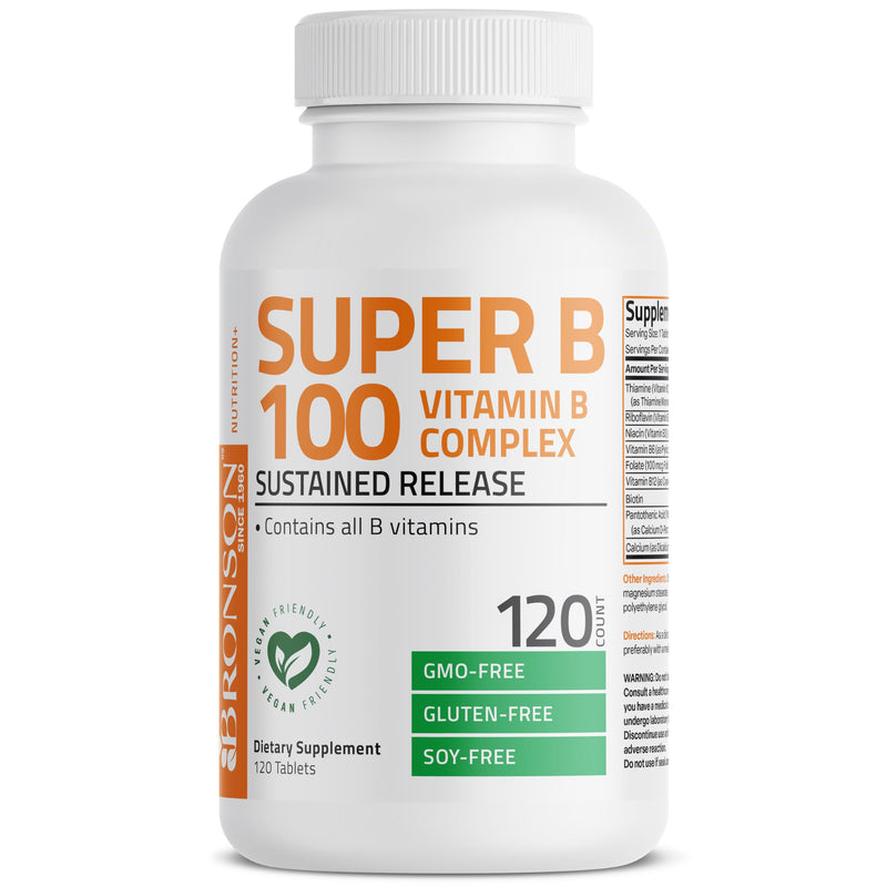Bronson Super B100 Vitamin B Complex Sustained Release, 120 Tablets | B1, B2, B3, B6, Folic Acid, B12, Biotin & Pantothenic Acid, Energy & Nerve Support, Non-GMO, Gluten-Free & Soy-Free Unflavored 120 Count (Pack of 1)