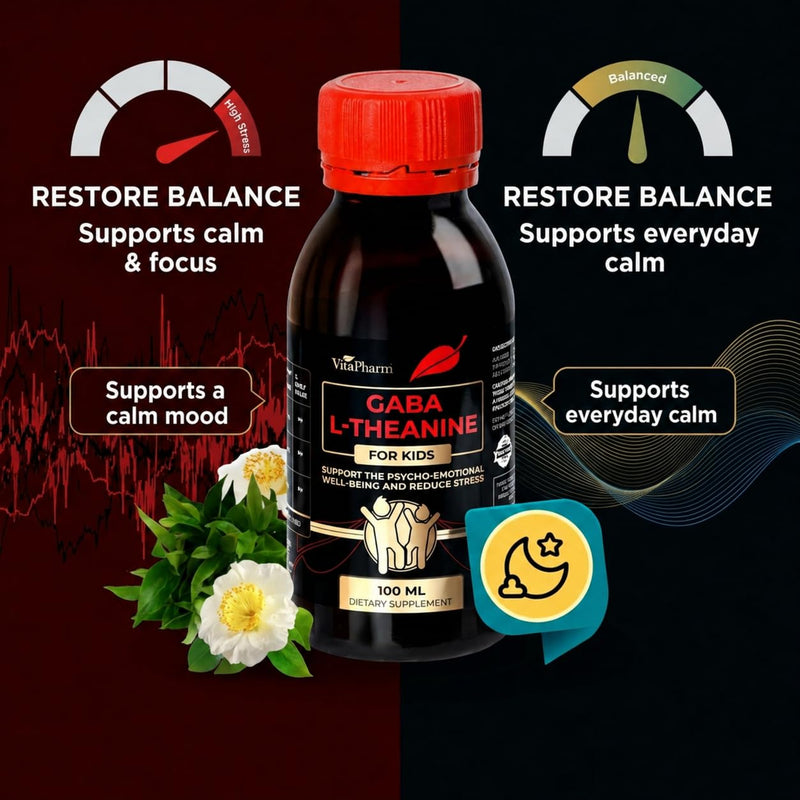 L-Theanine Drops for Kids – Calm, Focus & Relaxation Support | Natural Liquid GABA & L-Theanine Formula with Vitamin B6 for Children & Toddlers – Non-GMO, EU Made – 100ml