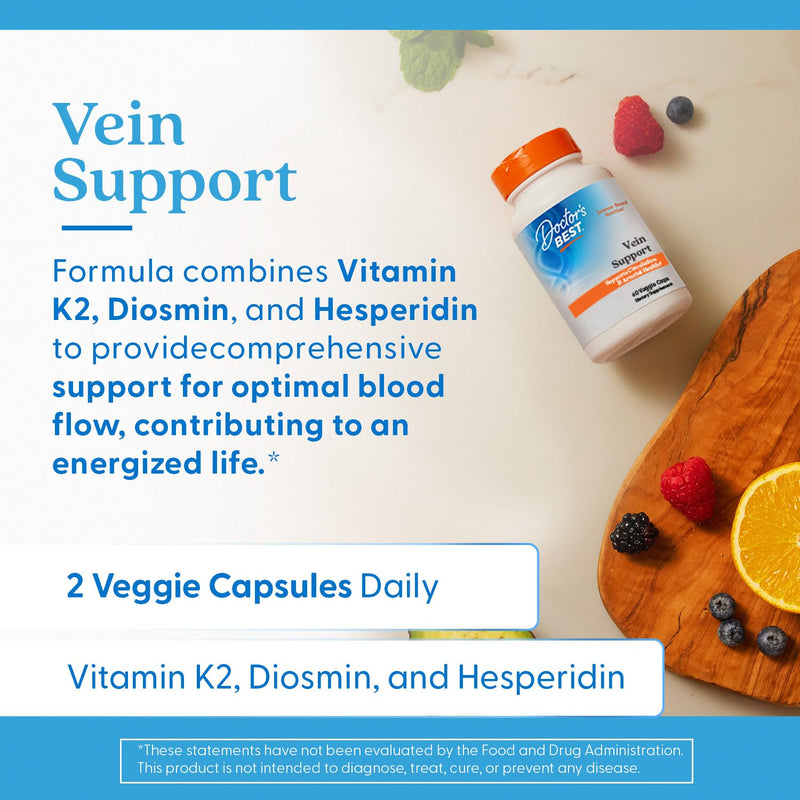 Doctor's Best Vein Support Supplement - Contains Diosmin & Hesperidin, Circulation Support for Legs & Feet, for Men & Women, Formula with Vitamin K2 & Natural Orange Extract, Vegan - 60 Veg Caps 60 Count (Pack of 1)