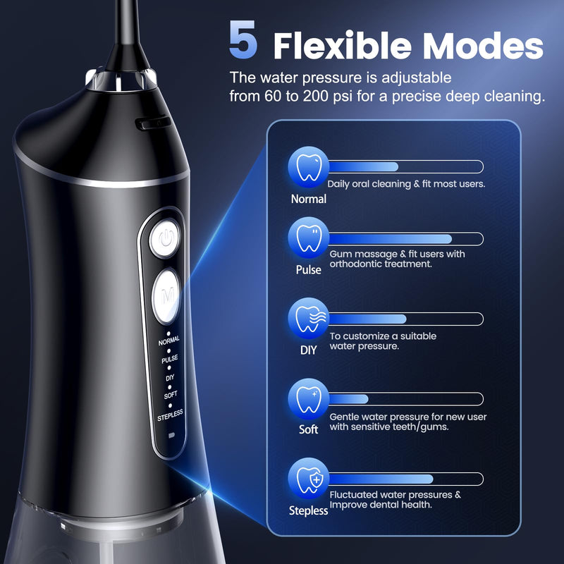 Water Flosser for Teeth Cleaning and Flossing, 5 Modes Rechargeable Cordless Oral Irrigator 320ml Water Tank Teeth Cleaner, IPX7 Waterproof Portable Electric Dentel Flossers for Home and Travel,Black Black