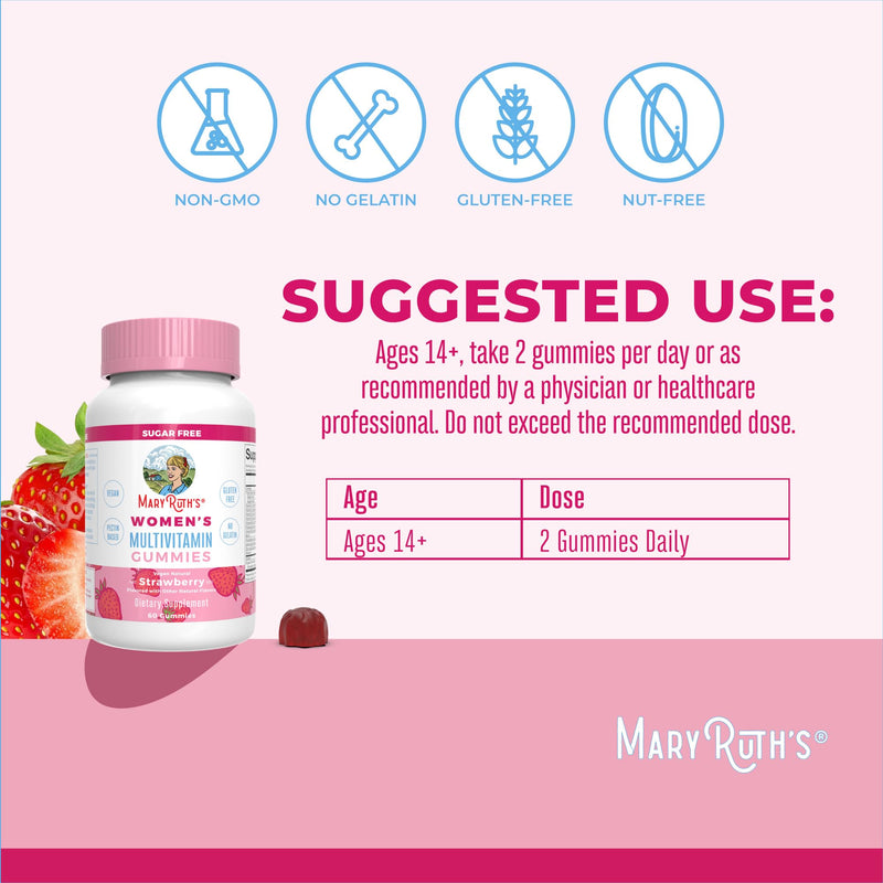 MaryRuth Organics Women's Immune Support Multivitamin Gummies | Ages 14+ | Skin Health | Gummy Vitamins for Women | Sugar-Free | Vegan | Non-GMO | 60 Count | Sugar Free, Vegan, 60 Count