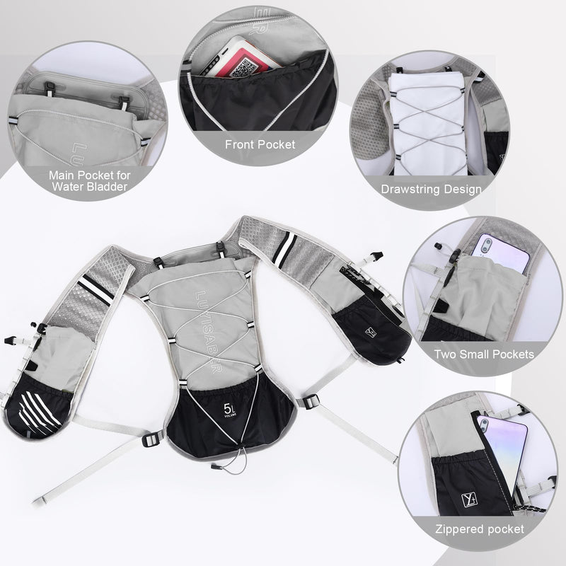Hydro Pack Running Vest for Men Women, Hydration Backpack with 2L Water Badder, Lightweight Water Vest grey