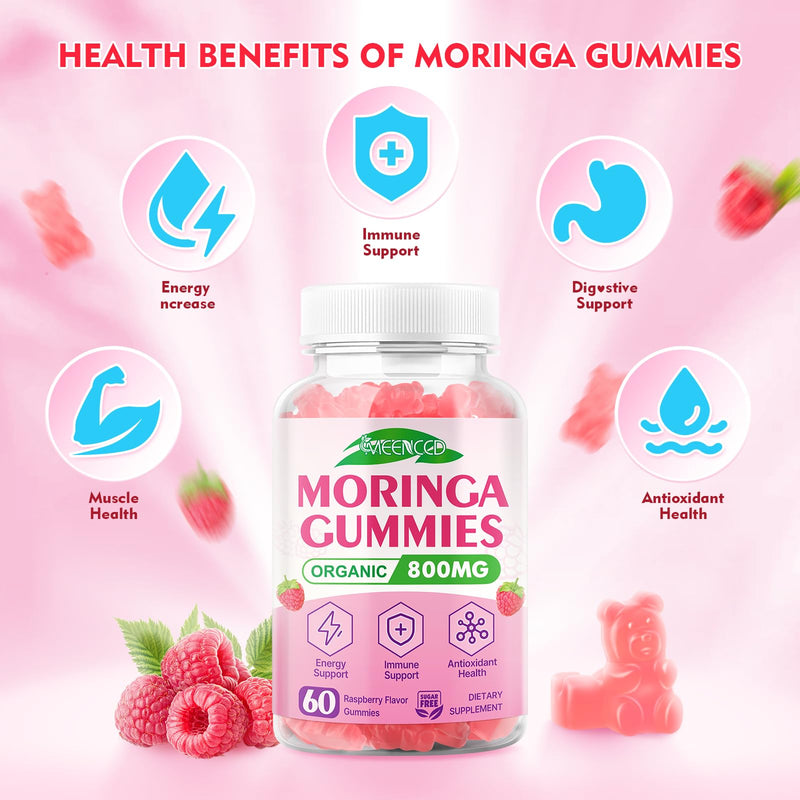 MEENCCD 2 Pack Moringa Gummies - Pure Moringa Leaf Supplement, 120 Ct | Contains Essential Vitamins, Antioxidants & Amino Acids, Raspberry Flavor 60 Count (Pack of 2)