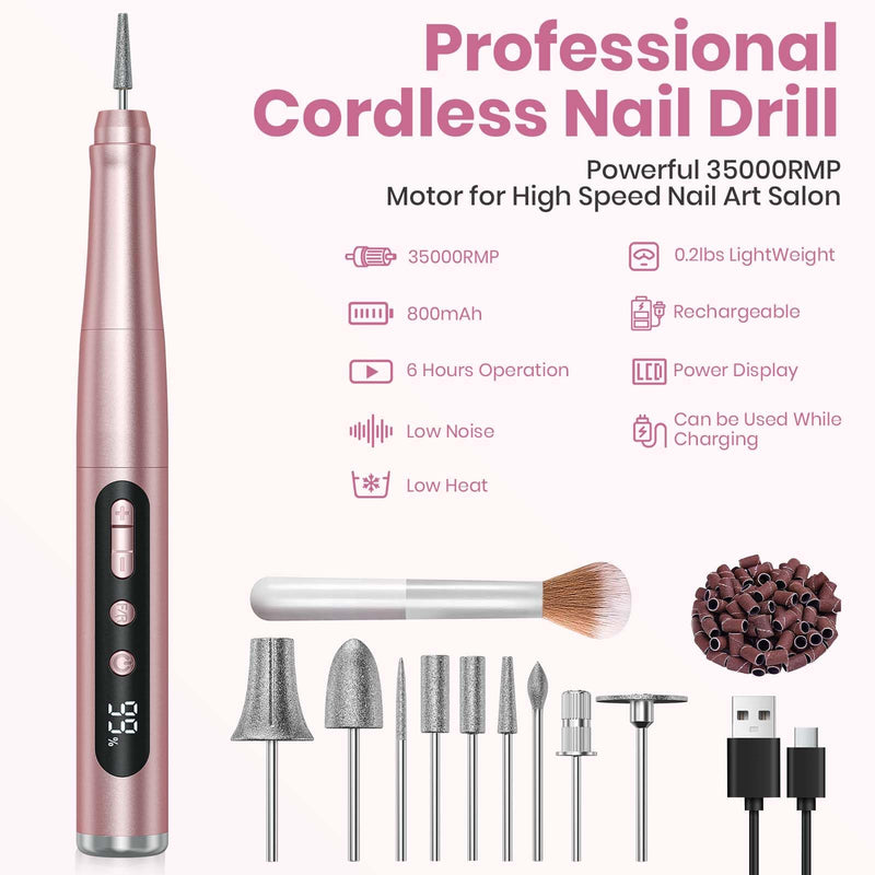 Cordless Nail Drill 35000RPM, Portable Electric Nail File for Acrylic Gel Nails, Professional Manicure Pedicure Kit, Rechargeable Pedicure Tools for feet with LCD Display, Low Noise Low Vibration Rose Gold - BeesActive Australia