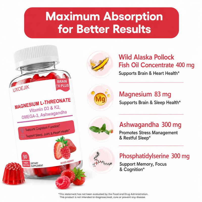 Magnesium L-Threonate Gummies, Natural Berry Flavor, 90 Count, 90 Servings | Magnesium Threonate Gummies with Vitamin D, K2 & Omega-3 Fish Oil - Brain Health, Memory and Sleep Support, Non-GMO 90 Count (Pack of 1)