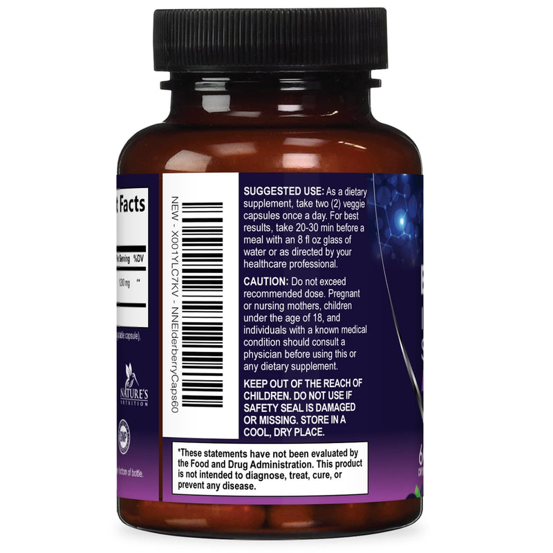 European Elderberry Fruit Extract 1200mg Per Serving Capsules - Sambucus Immune Support with Concentrated Sambucus Black Elderberry Extract, Antioxidant Vitamin Supplement, USA Bottled - 60 Capsules 60 Count (Pack of 1)