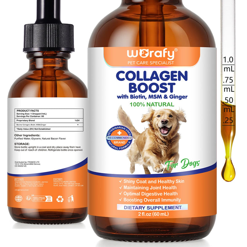 Collagen for Dogs 60ml, Liquid Dog Collagen Drops, Liquid Collagens for Dogs Joints, Skin & Coat, Support Dog Itchy Skin Relief & Digestive Health, with Biotin, MSM & Ginger, Bacon Flavor