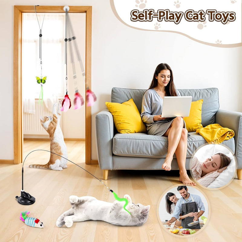HONGDDY Cat Toys, 14Pcs 4 in 1 Indoor Adult Cat Interactive Toys, Hanging Door Kitten Wand Toys with Suction Cup Removable Feathers Balls Mice Butterfly Streamers 14 Pcs Cat Toys - BeesActive Australia