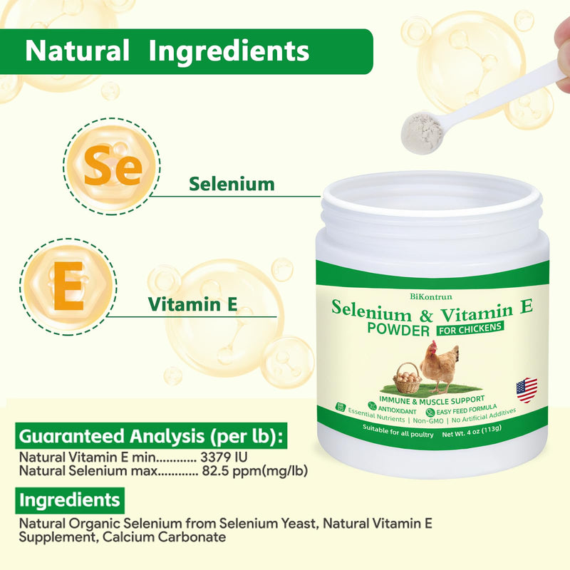 Selenium and Vitamin E Powder for Chickens, Selenium for Chickens, Immune System, Muscle Support & Prevents, Improve Wry Neck, Selenium, Vitamin E Supplements, Suitable for All Poultry, Chicken & More