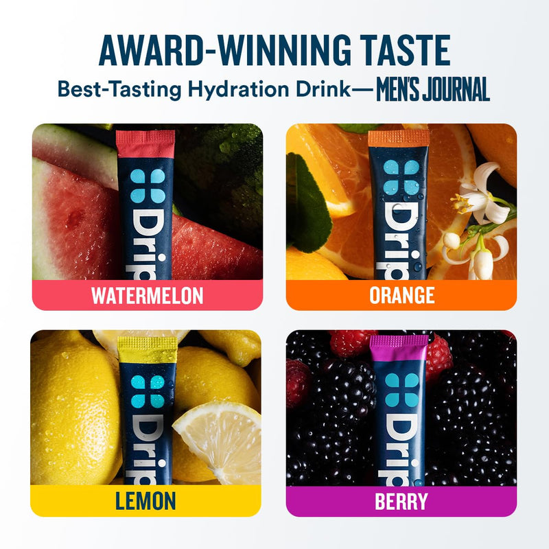 DripDrop Hydration Bold Variety Pack, Electrolyte Packets, 16 Count | Watermelon, Berry, Lemon & Orange; 3X Electrolytes, Vitamin C, Magnesium, Potassium, Zinc; Single Serve Powder Drink Mix