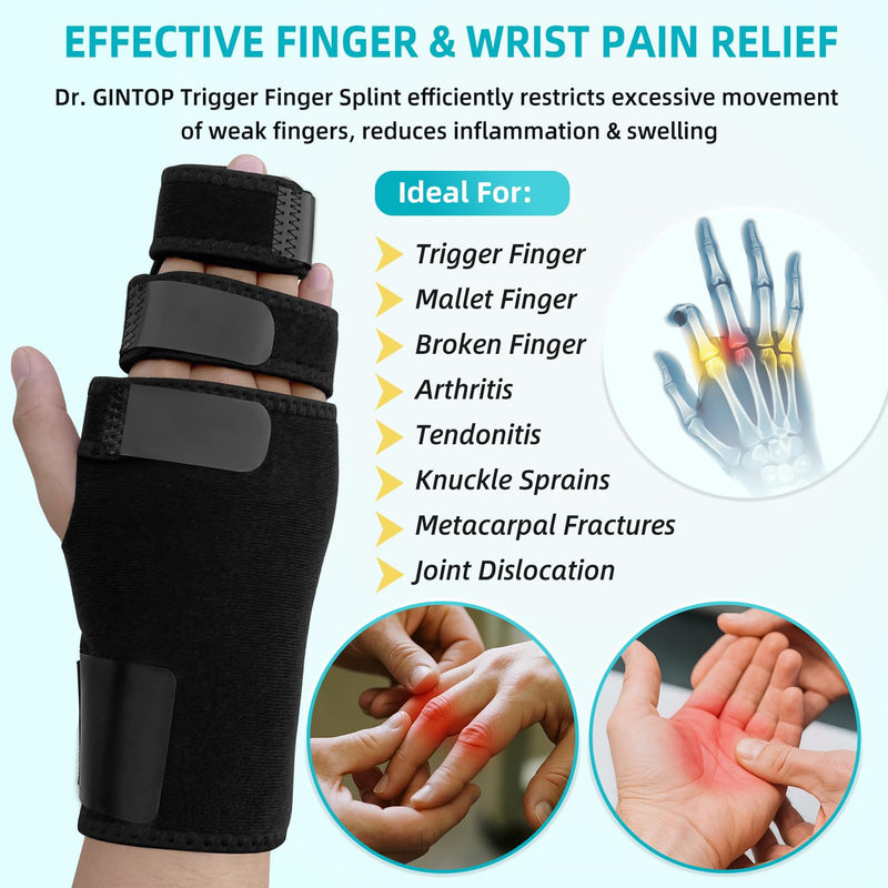 Trigger Finger Splint with Detachable Metal Splint Support for Middle/Index/Ring/Pinky Finger, Finger Brace with Hand Splint relief for Metacarpal Fractures, Arthritis, Contractures - Left Black-Left
