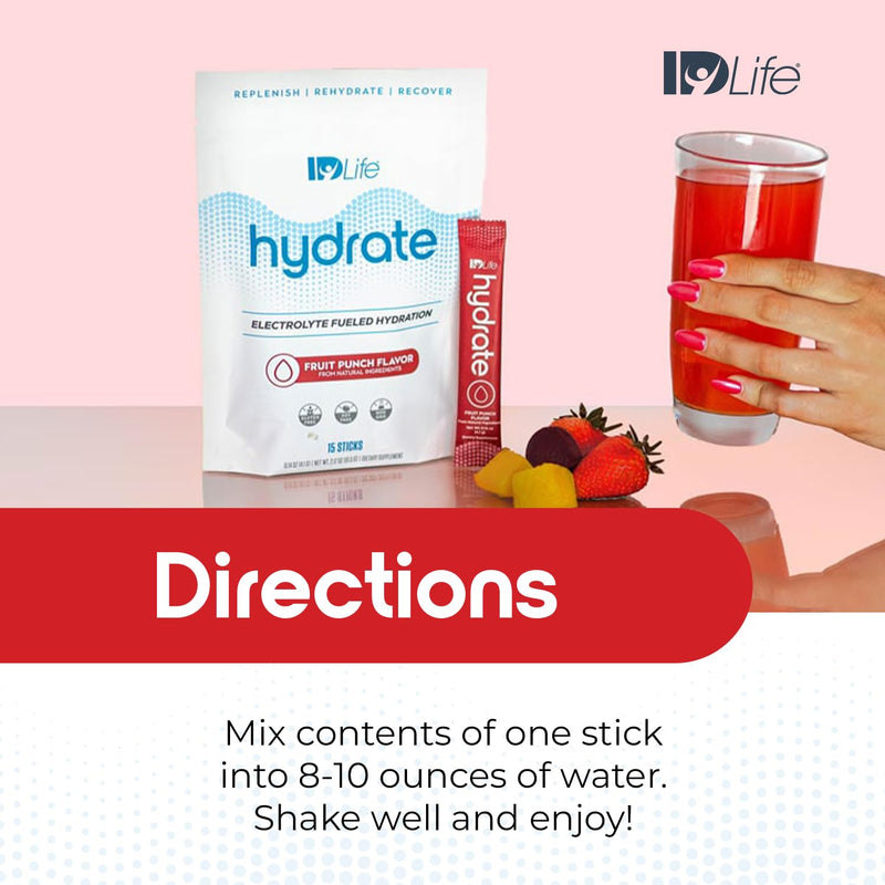 IDLife Hydrate - Fruit Punch - 15 Sticks | Electrolyte Blend, Vitamins And Minerals, MCTs, Rapid Mix Formula, Daily Hydration, Workout Support, On-The-Go Packets