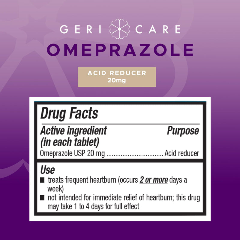 GeriCare Omeprazole Delayed Release Tablets 20mg Stomach Acid Reducer Pills for 24 Hour Heartburn Relief- Acid Reflux Medicine to Treat Frequent Heartburn- Anti-Acid Relief Tablets 42 Count (2 Pack)