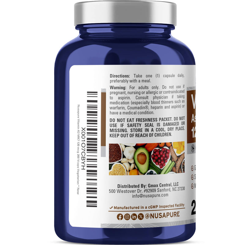 NusaPure Vitamin K2 MK7 120 mcg 200 Veggie Caps (Soy Free, Non-GMO, Vegan) (Pack of 2) 200 Count (Pack of 2)
