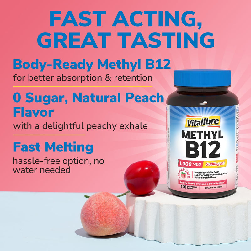 Vitalibre Vitamin B12 1000 mcg, Sublingual Methylcobalamin, Natural Peach Flavor, Nervous System Health, Energy Support, No Sugar, 120 Fast Dissolve Tablets