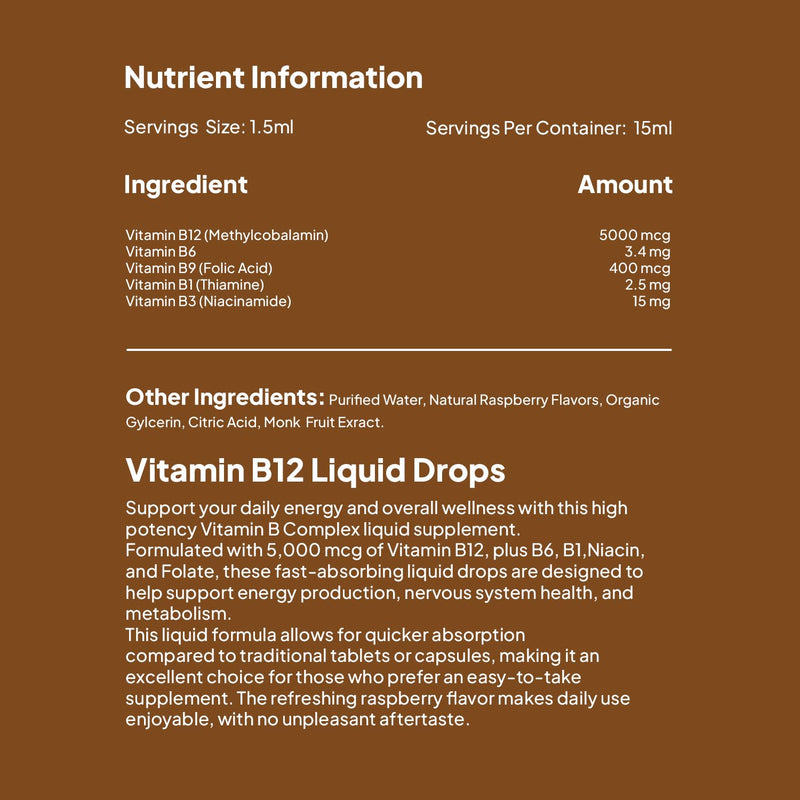 Vitamin B12 Liquid Drops 5000mcg, Liquid B12 Sublingual Drops & B12 Methylcobalamin for Women & Men Vitamin B Complex Energy Boost, Focus & Mood, Brain Health Support, 30ml x 2 Pack
