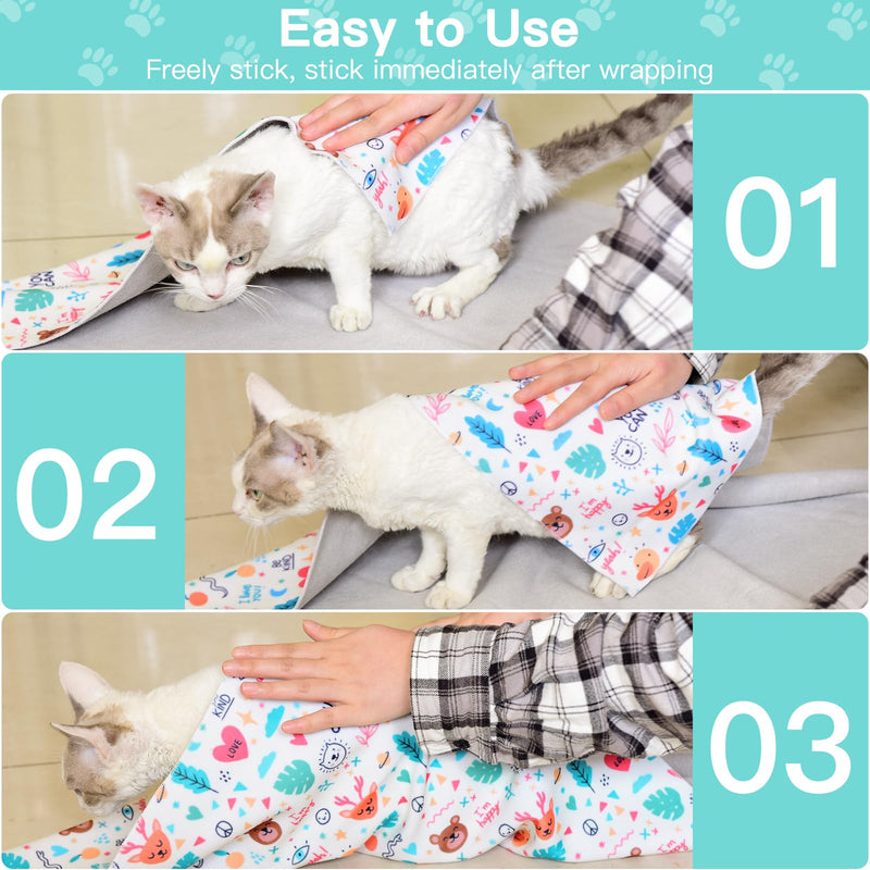 Cat Grooming Wrap, Cat Restraint Wrap for Nail Clipping, Self-Adherent Fabric Wrap for Cats, Anti-Scratch, Anti-Escape, Multifunctional Swaddle Wrap Pet Tool (Green Kitten, Large) Large (11.1lbs) Green Kitten - BeesActive Australia
