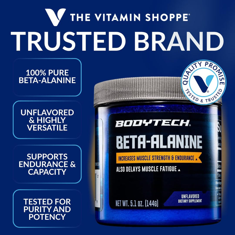 BodyTech Beta Alanine Powder, Unflavored, 5.1 Oz, 90 Servings | Includes 1600 MG CarnoSyn, Supports Muscle Endurance & Strength, Pre Workout & Workout Performance Supplement for Men & Women