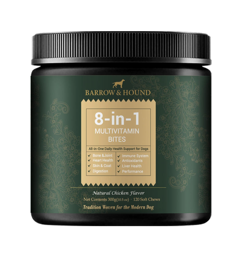 Barrow & Hound - 8-in-1 Multivitamin for Dogs – 120 Soft Chews with Glucosamine, Omega 3, Probiotics, Vitamins A–C–D–E & B-Complex – All-in-One Daily Health Supplement – Natural Chicken Flavor