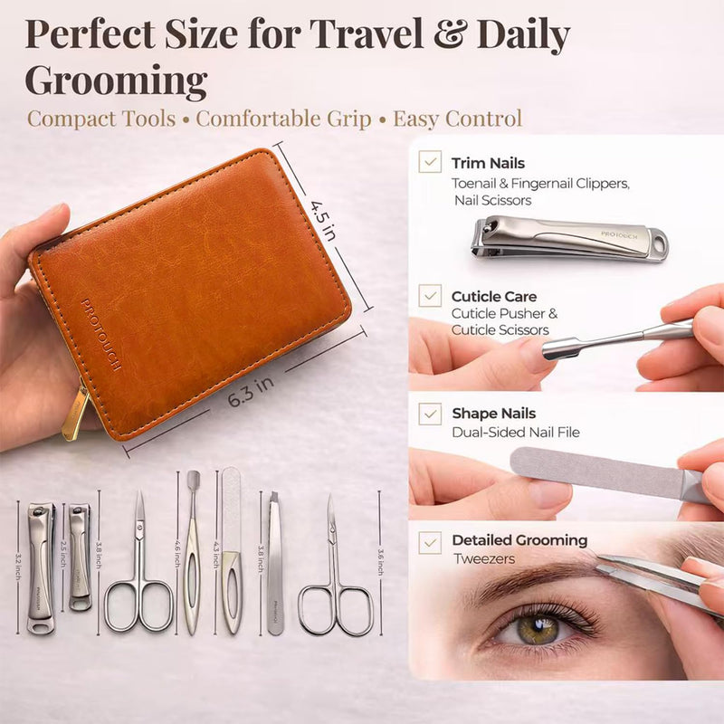 PROTOUCH Professional Nail Kit, Manicure Set for Women & Men, 420 Stainless Steel Nail Clipper Set with Precision Double-Sharpened Blades, Ergonomic Manicure Pedicure Kit with Brown PU Travel Case