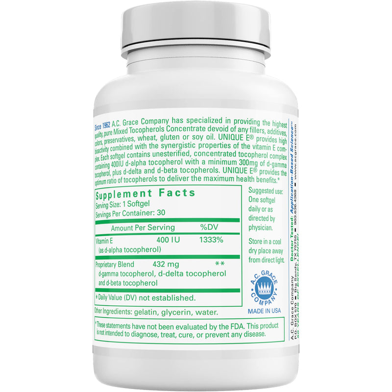 UNIQUE E A.C. Grace Company, Mixed Tocopherols Concentrate Softgels, 30 Count 1 Count (Pack of 1) - BeesActive Australia