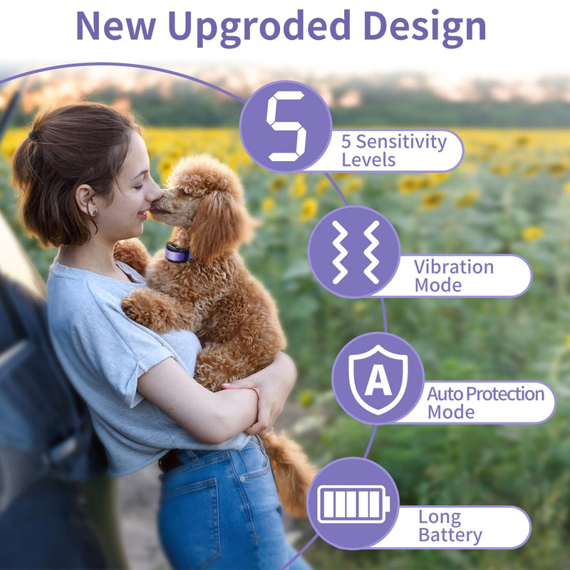 Dog Bark Collar, No Shock Bark Collar for Small Puppy Dogs, No Shock Barking Collar, Smart No Bark Collar, Smart Automatic Anti Bark Collar with 5 Sensitivity No Shock Vibration Collar Purple - BeesActive Australia