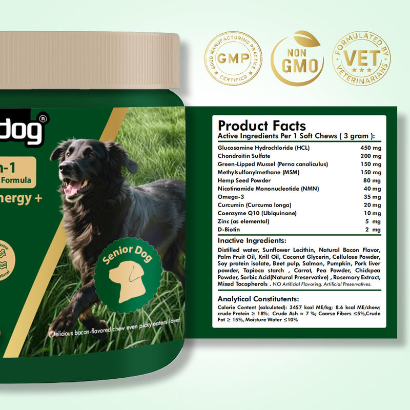 NMN Supplement for Dogs NAD+ Booster - Anti-Aging & Longevity Soft Chews for Senior Dogs with Resveratrol, CoQ10, Glucosamine & Omega-3-3-in-1 Cellular Energy, Joint & Skin Support Bacon 90Ct
