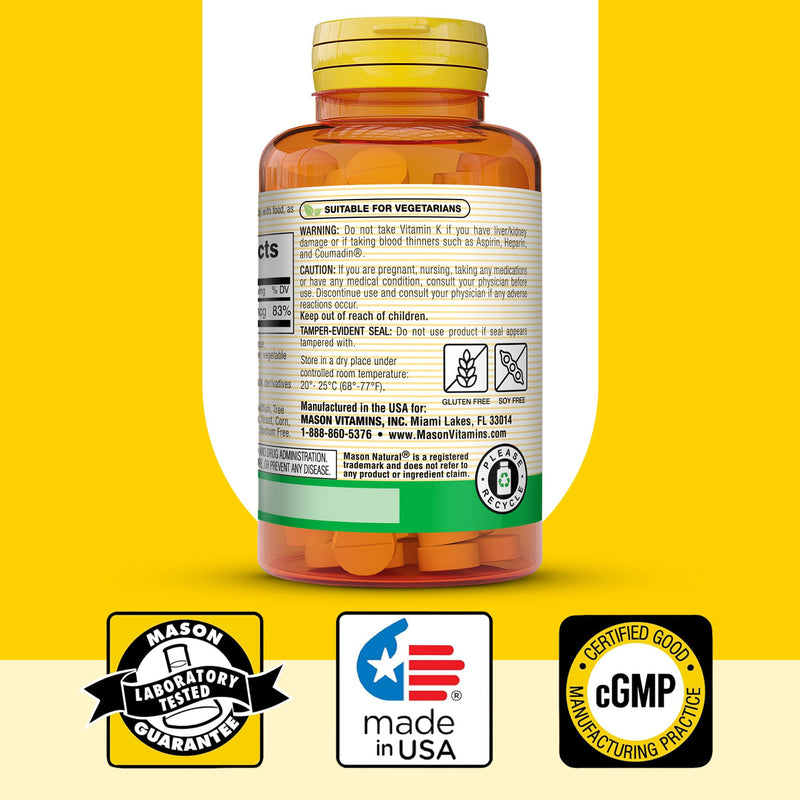MASON NATURAL Vitamin K 100 mcg, Bone & Joint Support, 300 Day Supply | 100mcg vitamin K1 (phytonadione) to support strong bones, calcium absorption & normal joint function; 300 tablets
