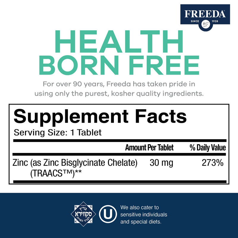 Freeda Chelated Zinc 30mg – TRAACS® Zinc Bisglycinate for High Absorption – Vegan, Kosher, Gentle on Stomach – Immune Support for Adults, Men & Women – 250 Tiny Tablets | For Adult Men & Women – High Absorption Formula – Antioxidant Support, Gentle on ...