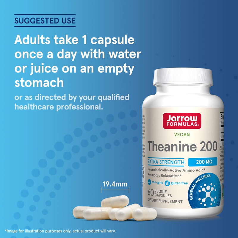 Jarrow Formulas Extra Strength L Theanine 200mg Dietary Supplement that Promotes Relaxation, Supplement for Relaxation Support, 60 Veggie Capsules, 60 Day Supply (Pack of 2) 60 Count (Pack of 2) Theanine 200mg - 2 Pack