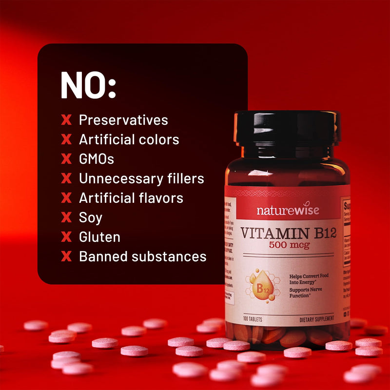 NatureWise Vitamin B12 500 mcg - B12 Supplement for Energy + Mental Clarity & Nervous System Support - Easy-to-Swallow, Vegan & Non-GMO - USA Manufactured - 100 Tablets[100-Day Supply]
