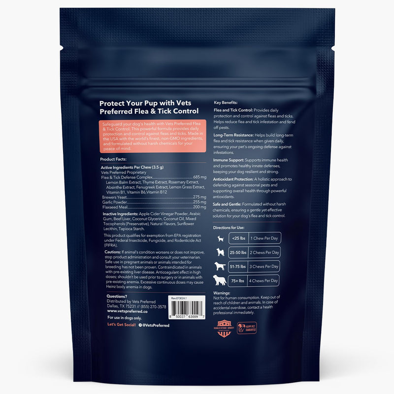 Vets Preferred Flea and Tick Prevention for Dogs Chewable - Daily Defense Without Harsh Chemicals - Immune Support & Antioxidant Protection - Beef Flavored - 90 Soft Chews
