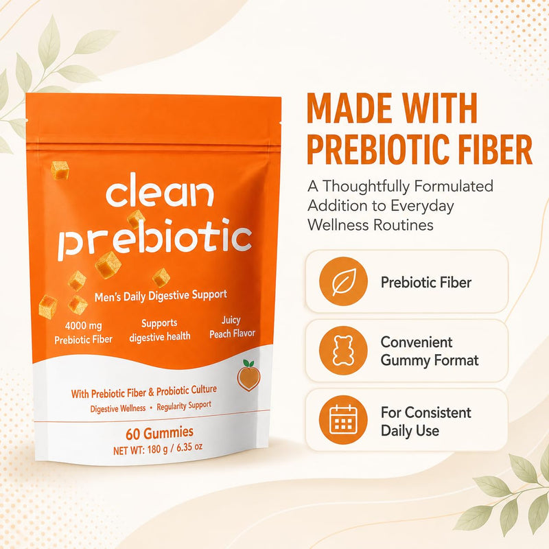 Clean Prebiotic Fiber Gummies for Men | Peach Flavored , Digestive Wellness , 60 Count