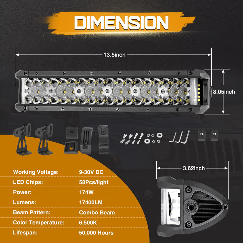 13.5 Inch LED Light Bar, 174W Side Shooter Triple Row LED Pods Off Road Bumper Bar Spot Flood Combo Driving Fog Lights for Trucks ATV UTV SUV Pickup Boat Tractor 13.5 Inch - BeesActive Australia
