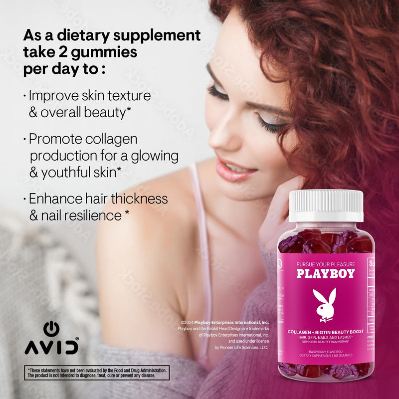 Avid Playboy Hair Skin and Nails Vitamins, Biotin Collagen Gummies (60 Ct) | Raspberry biotin gummies, hair growth supplements, hair vitamins for women; supports lash health, Non-GMO, nut free. 60 Count (Pack of 1)