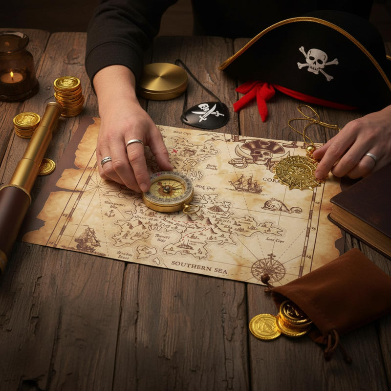 17 Piece Pirate Monocular Telescope Pirate Treasure Map Eye Patch Hat Pocket Compass Necklace Plastic Coins with Velvet Bag for Party Supplies