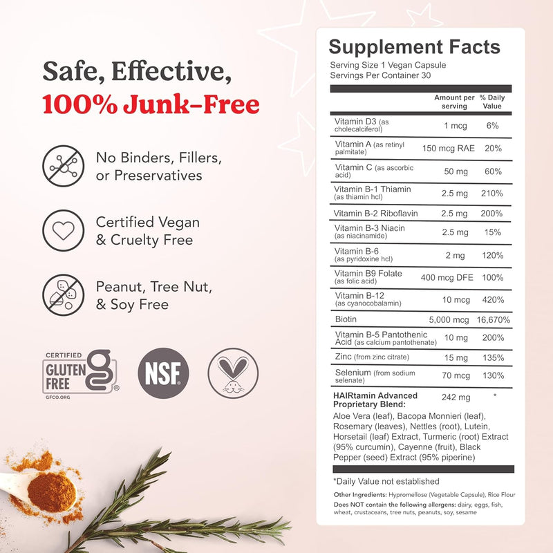 HAIRtamin Hair Vitamins with Biotin, Vegan Capsules, 1 Month Supply
