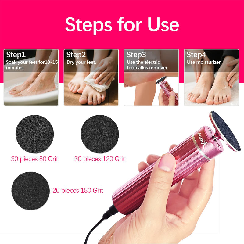 5.3'' Electric Foot Callus Remover with 80pcs Sandpaper Discs & Brush, Professional Aluminum Ergonomic Pedicure Tool, Stepless Speed & Reverse Control for Dead Skin Removal (Pink) Pink - BeesActive Australia