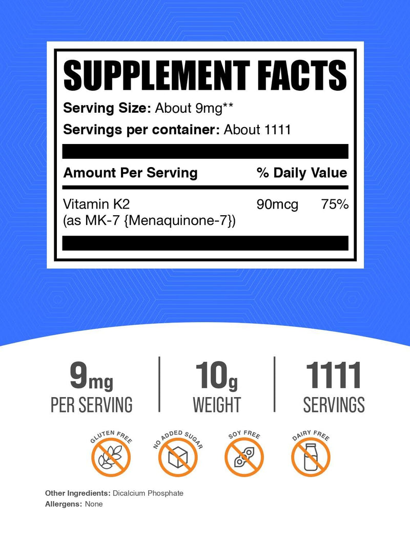 BulkSupplements.com Vitamin K2 MK-7 - K2 Vitamin K2 Supplement - K2 MK7 Supplement - Heart Vitamins - K2 Vitamin Supplement - K2 Vitamin Supplement MK-7 (10 Grams - 0.35 oz) 0.35 Ounce (Pack of 1)