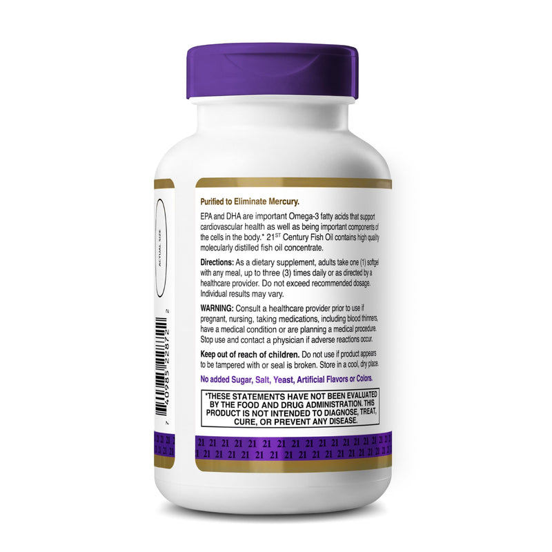 21st Century Fish Oil 1000mg Omega-3 Softgels, Mercury-Filtered, 120ct | Omega-3 Fish Oil with 300 mg EPA & DHA, Heart & Cardiovascular Health Support, Gluten Free, Non-GMO 120 Count (Pack of 1)
